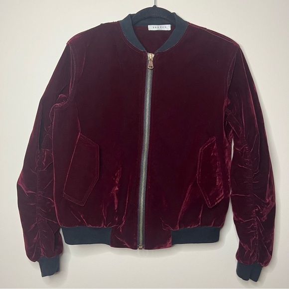 NWOT SANDRO Paris Ventura Cranberry Red Velvet Bomber Jacket - Picture 5 of 14